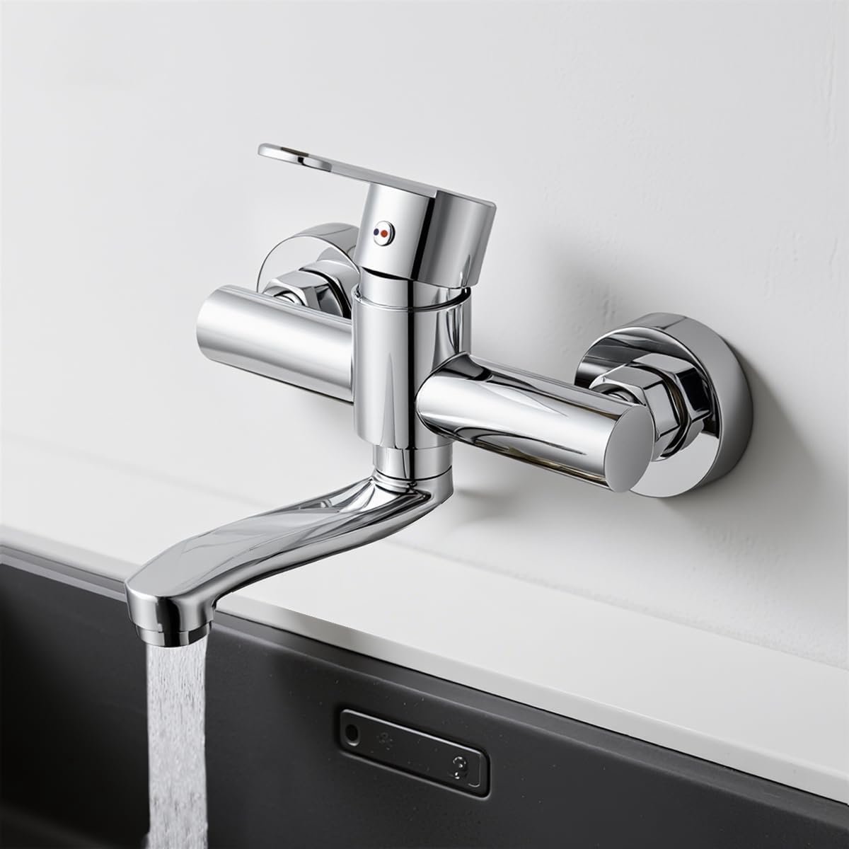 SnelShoppen - Wandkraan 360° Rotatable RVS Keuken Mengkraan, Wandmontage, Koud en Warm, Enkele Hendel, Swivel Arm 15cm, Waterbesparend, Keukenaccessoi