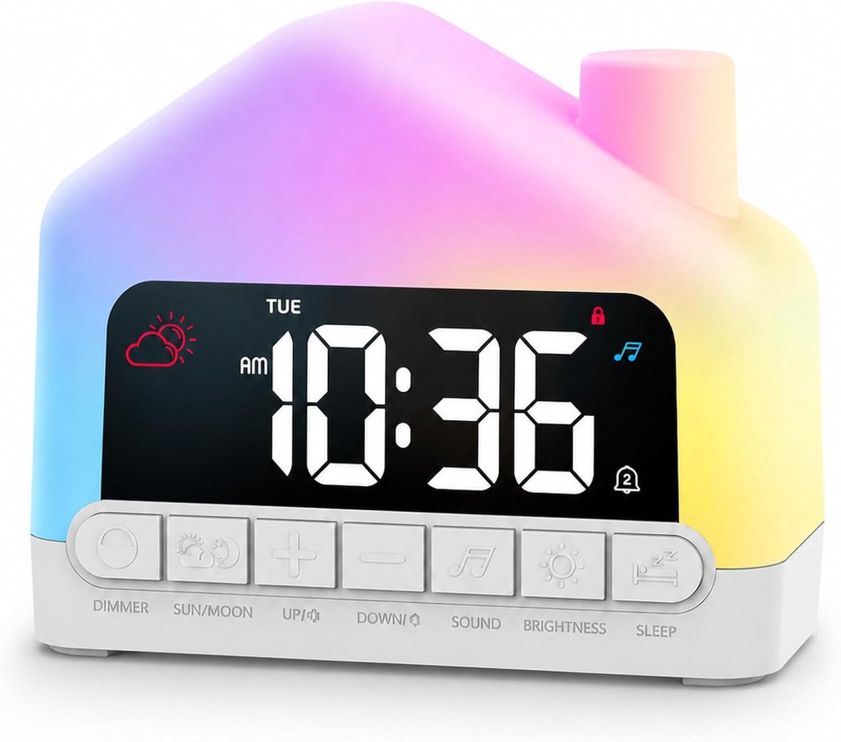 SnelShoppen - Kinderwekker met Slaaptrainer, Nachtlampje, Dubbel Alarm, Melodieën, Snooze, USB-C, Avondroutine, Zelfstandig Opstaan, Kindvriendelijk,