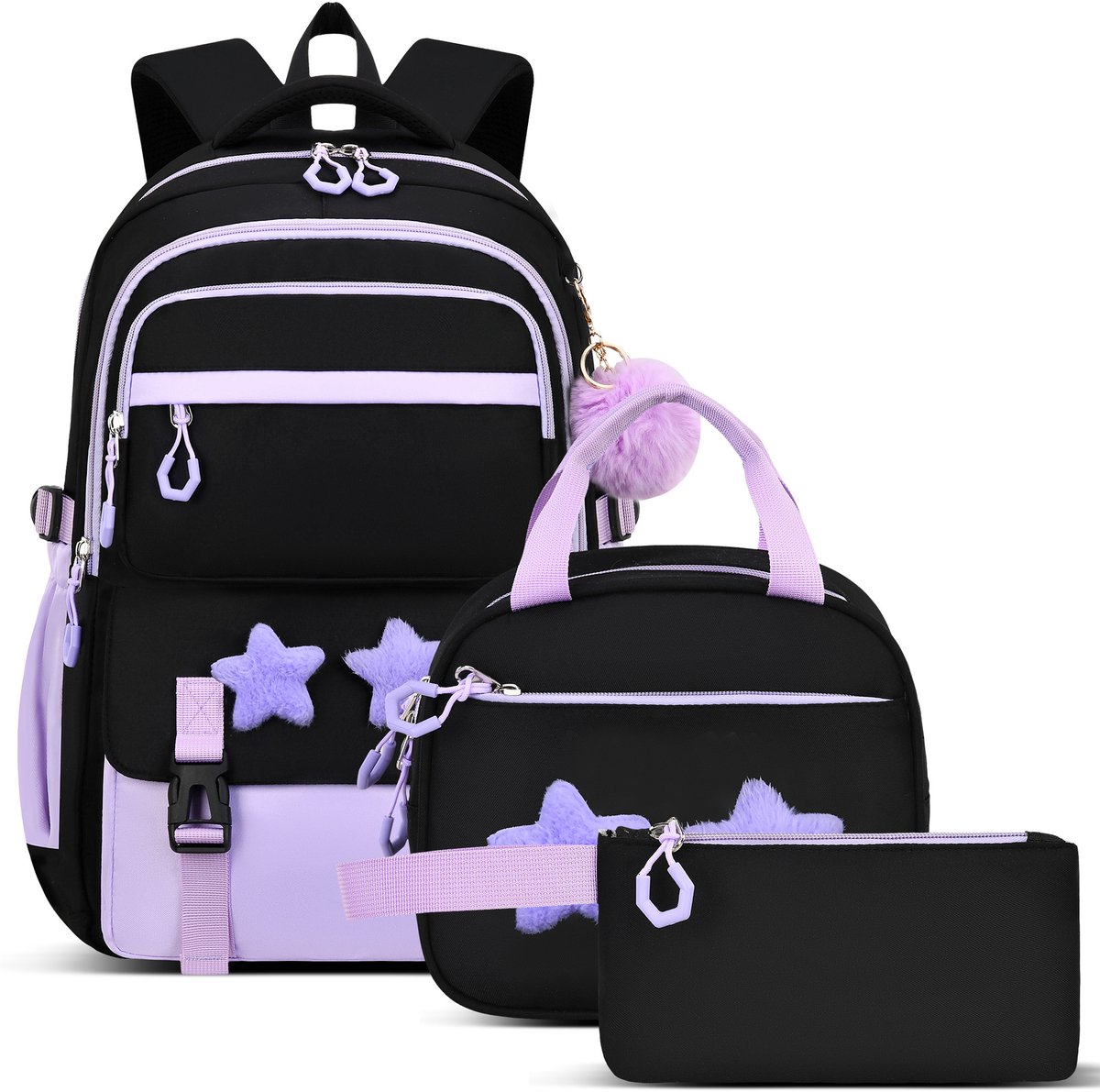 Schooltas voor Meisjes - Rugzak voor Middelbare School en Basisschool - 31 x 16 x 45 cm - Inclusief lunchbox draagtas en etui-Zwart