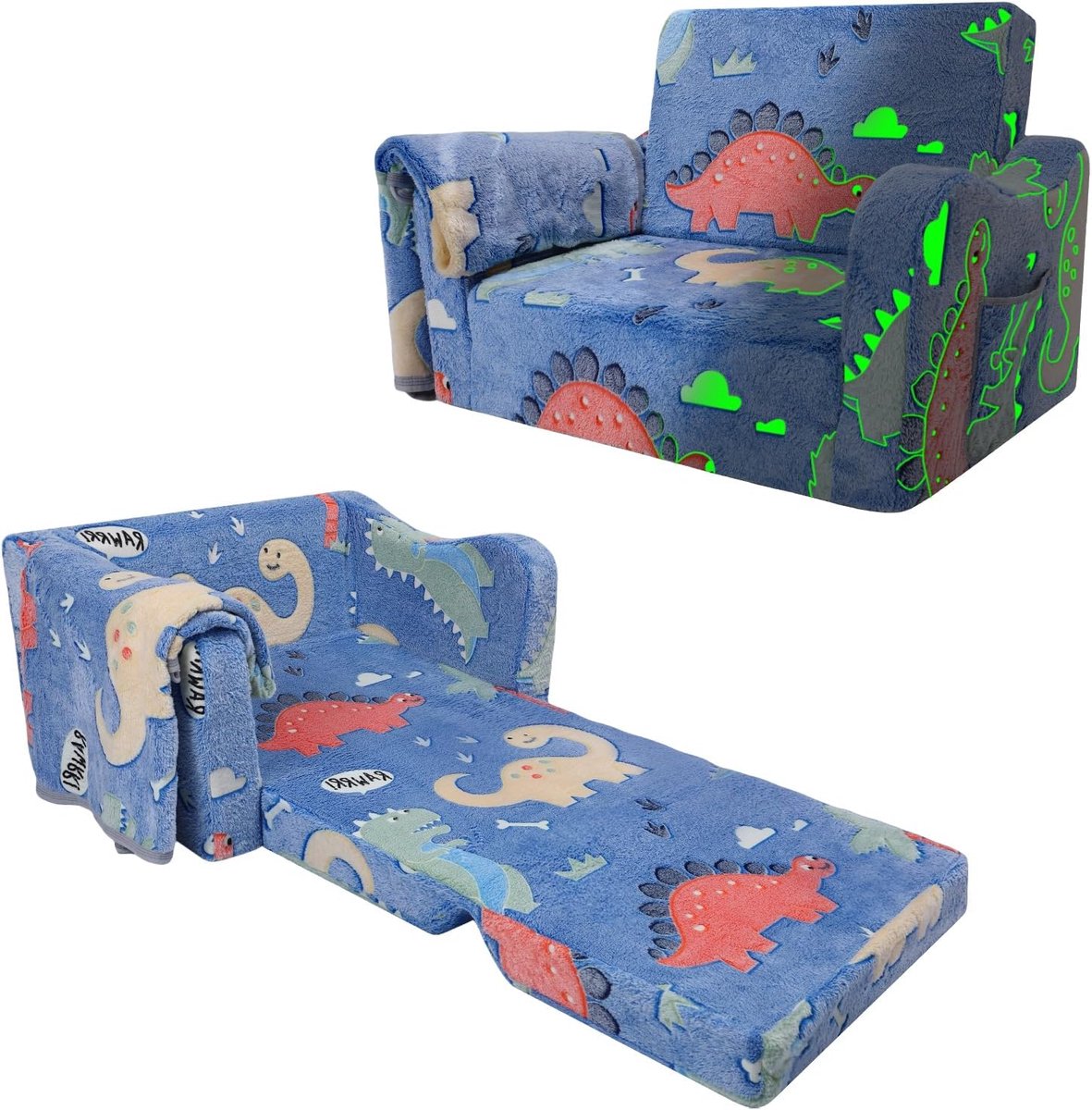 SnelShoppen - Lumineux 2-in-1 Vouwbare Kinderbank Sofa, Kinderstoel voor Kinderen, Omgevormd tot Bedje, Perfecte Cadeau voor Meisjes, Fluorescent Ontw