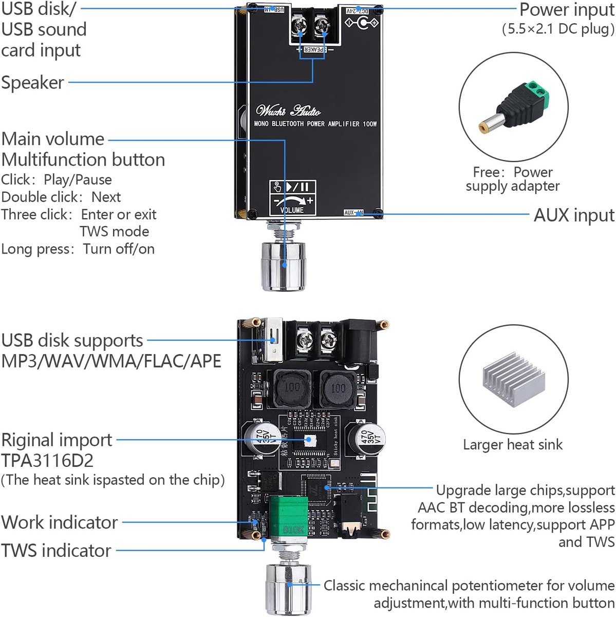 SnelShoppen - HiFi Mono Bluetooth Versterker 100W met AUX/USB, Mini TWS Audio Amplifier Module voor DIY Speakers, DC 7-24V, Perfect voor Feest en Camp thumbnail 4
