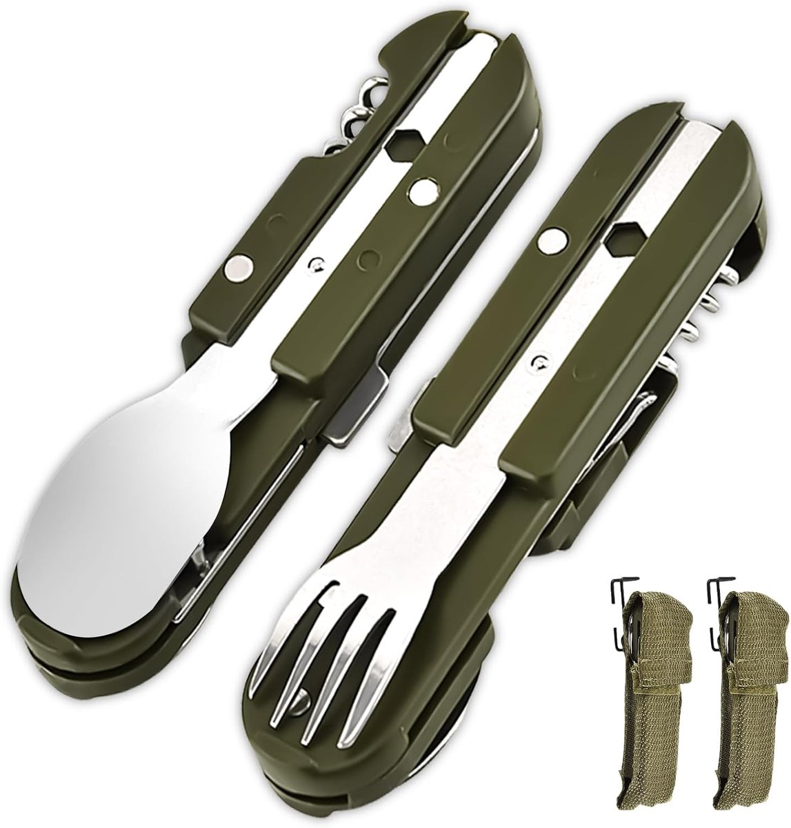 SnelShoppen - 2 stuks Campingbestek 5-in-1 Klapbestek, Draagbaar Roestvrij Staal, Mes Vork Lepel met Flesopener en Blikopener, Groen Outdoor Set voor