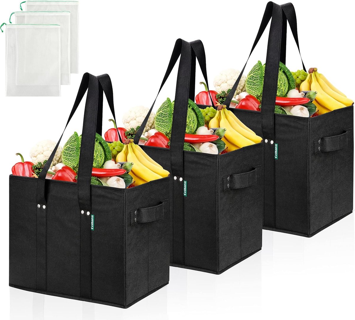 SnelShoppen - Opvouwbare Boodschappentas Set van 3 - Herbruikbare Boodschappenmanden met Versterkte Bodem - Inclusief Fruit- en Groentezakken - 38x23x