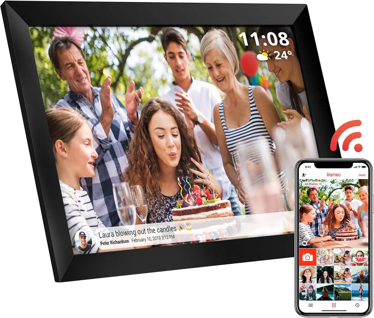 SnelShoppen - Digitale Fotolijst 10 inch (25,4 cm) met WiFi, Touchscreen, Foto's en Video's via App, Automatische Rotatie, Klok en Weer, 16 GB Opslag,