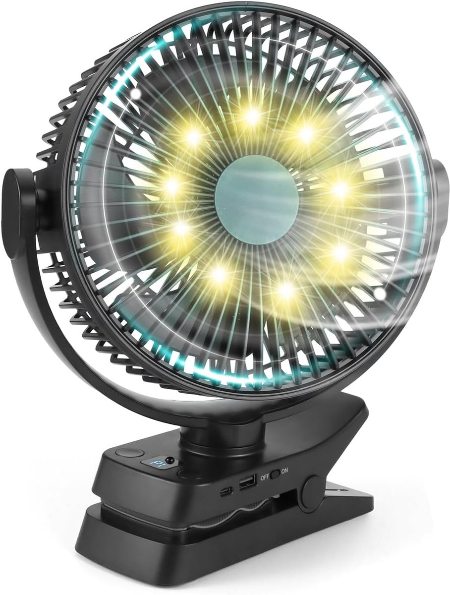 SnelShoppen - 12000 mAh USB Clipventilator met Afstandsbediening, Oplaadbare Tafelventilator met LED-Licht, Haak en Timer, 5 Snelheden, Stille Klemven