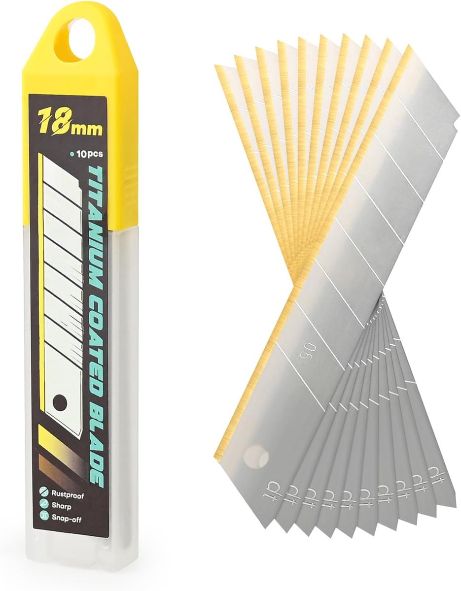 SnelShoppen - 10 Stuks 18 mm Afbreekmessen met Titanium Coating, Ultra Scherpe Reservemesjes voor Snijden van Papier, Karton en Behang in Dispenserbox