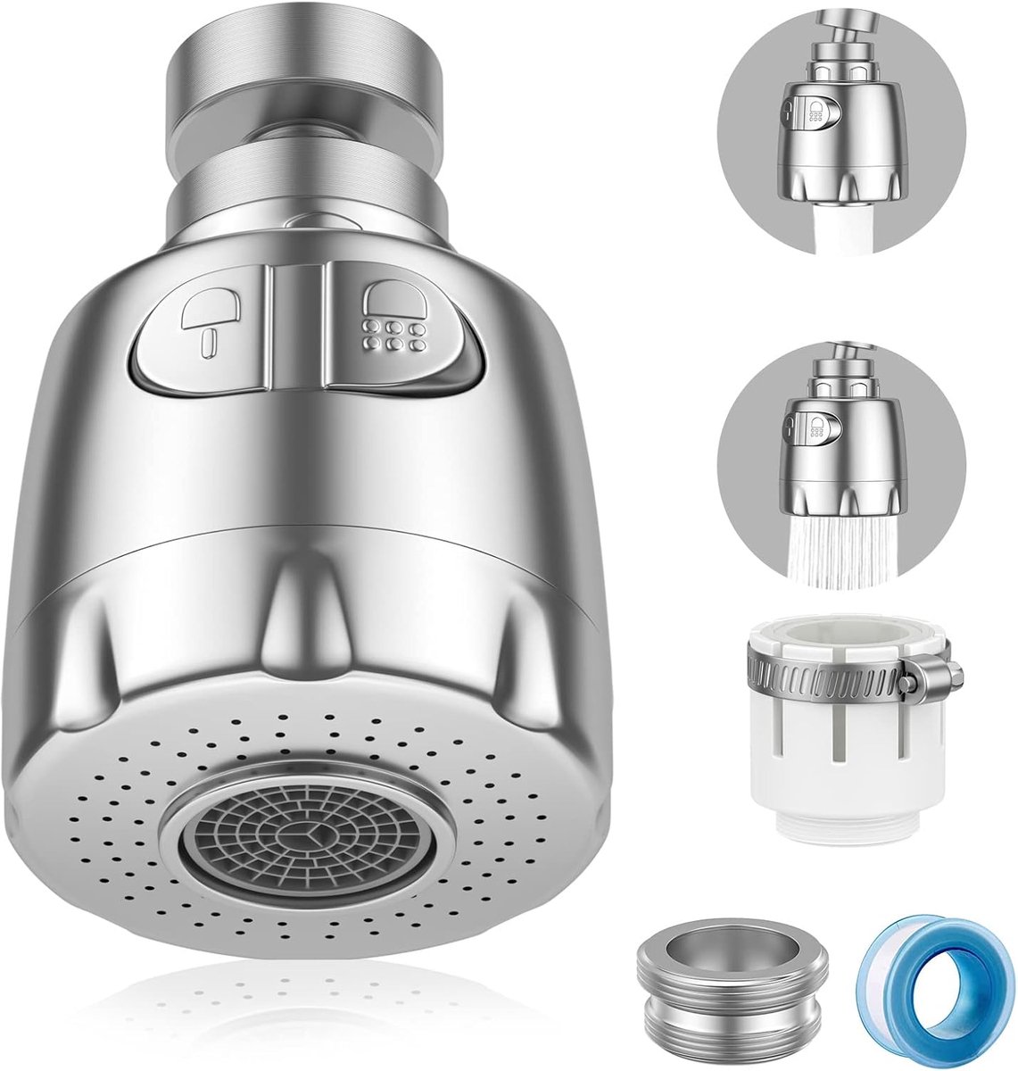 SnelShoppen - 360° Rotatable Faucet Aerator, Waterbesparende Keuken- en Badkamerkraan, 2 Modi Spraykop voor Flexibel Gebruik