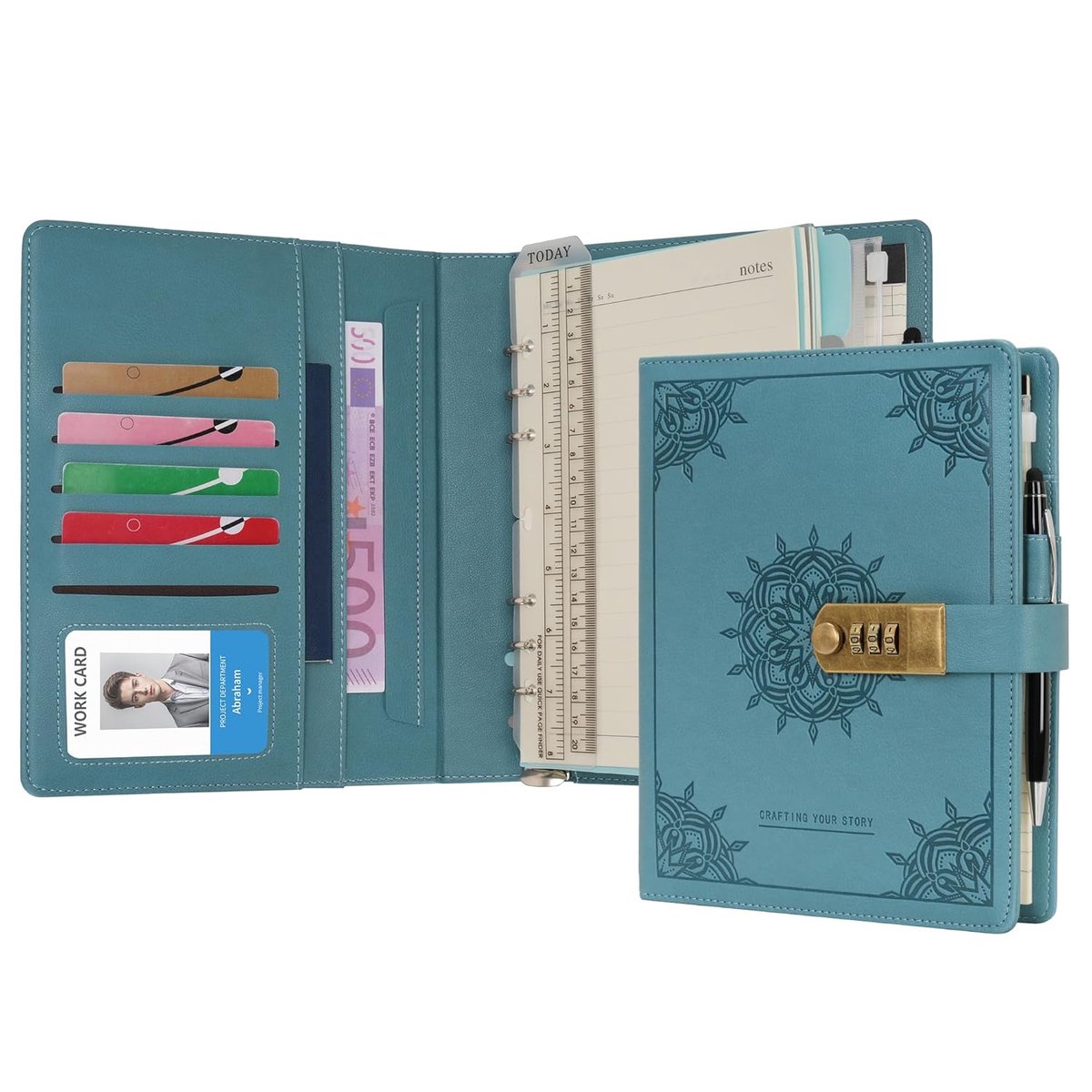 SnelShoppen - Wason Dagboek met Slot A5 Ringband Notitieboek - Navulbaar PU Leren Journal Planner Portfolio met Clipboard, Pen & Schrijfpad voor Priva