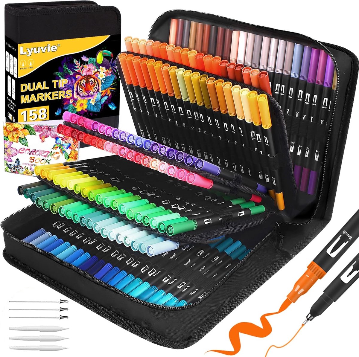SnelShoppen - Kleurpotloden Set met 158 Kleurstiften, Dubbele Punt, Viltstiften, Brush Pens, Teken- en Schrijfset met Zwart Pennen Etui voor Volwassen