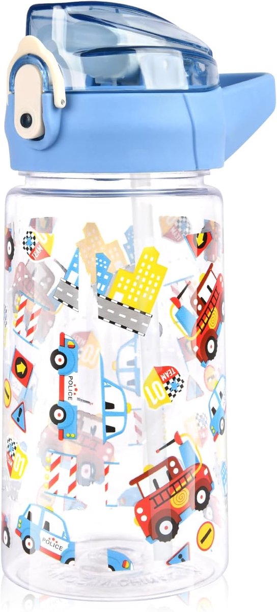 SnelShoppen - Drinkfles voor Kinderen 500 ml, BPA-vrije Kinderdrinkfles met Rietje, Lekvrij Flip-Topdeksel, Sportwaterfles voor Meisjes en Jongens, Bl