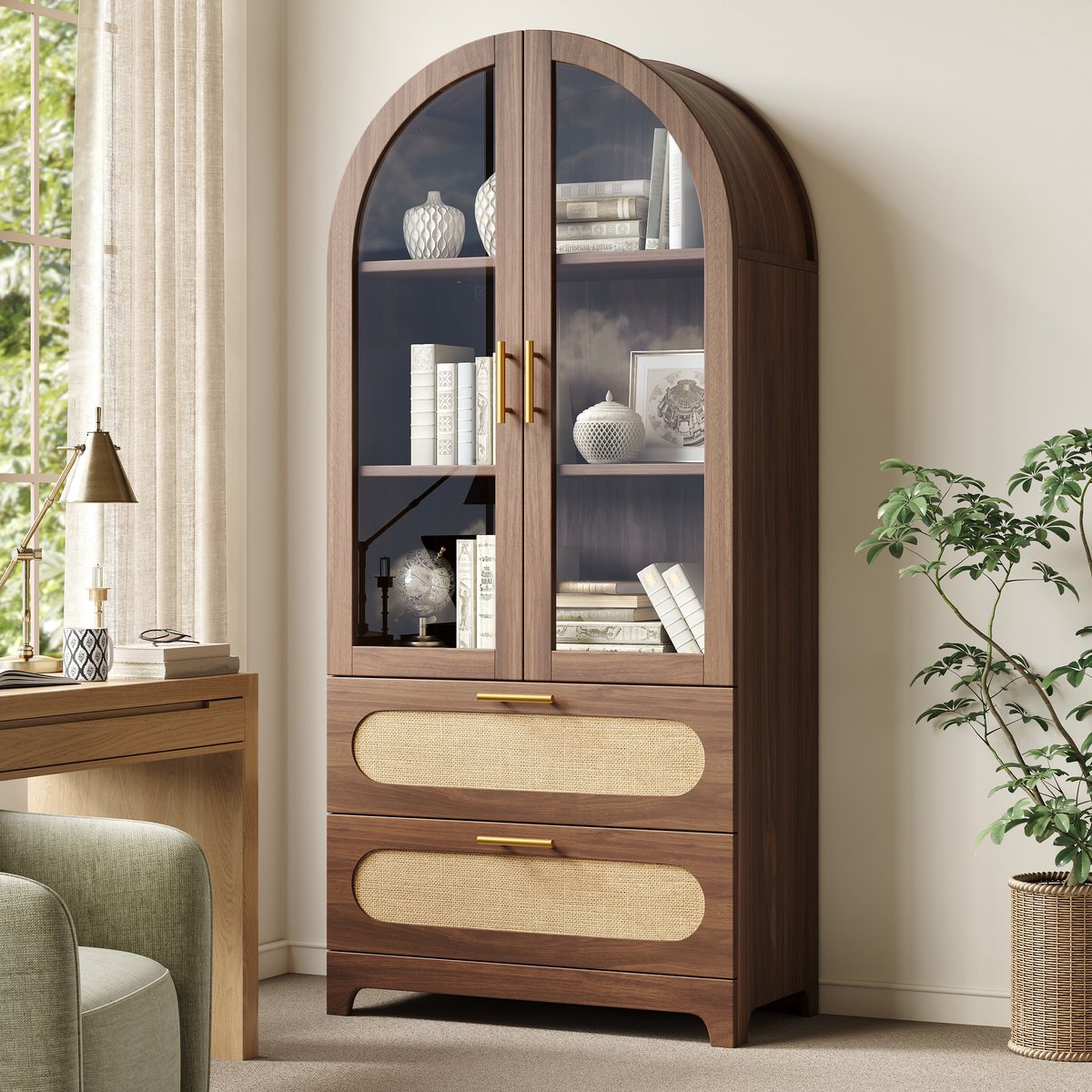 Wishdor - Vitrinekast - Boogvorm met glasdeuren en 2 lades - Retro stijl - Voor woonkamer of eetkamer - Houtlook, glas en metaal - Houtkleur - 80 x 40 x 175 cm