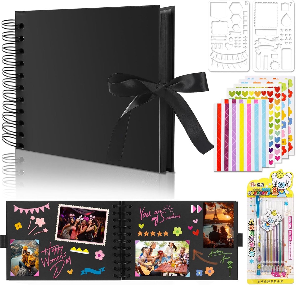 SnelShoppen - Foto Album DIY A5 Scrapbook Zwart 60 Pagina's Herinneringen Spiral Album voor Familie, Verjaardag, Trouwen, Reizen met Glitters en Stick