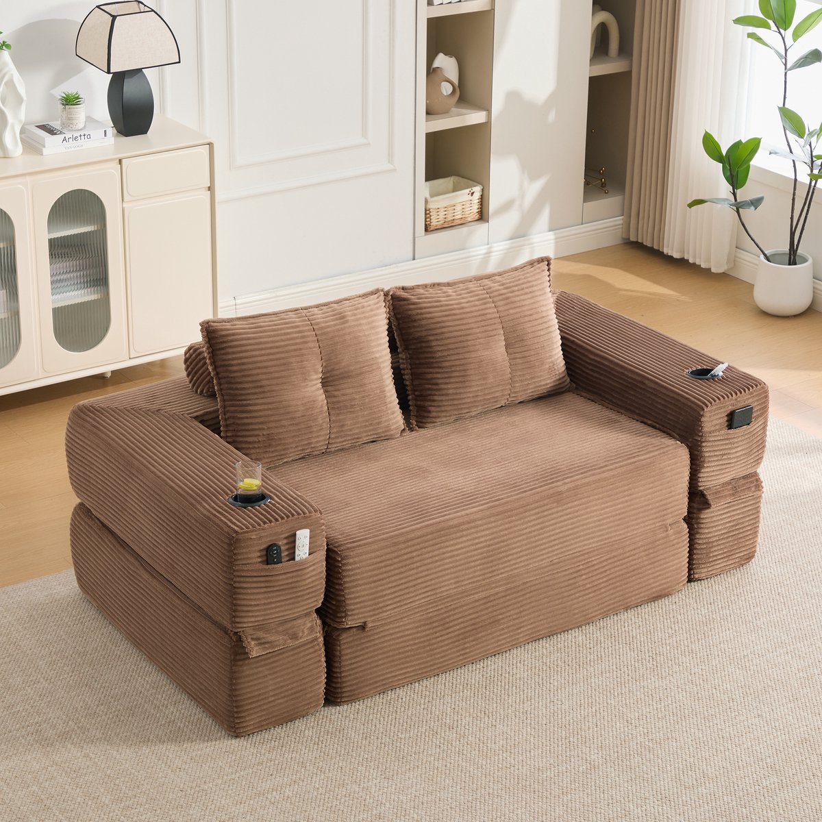 STILVORA Slaapbank 180 x 98 x 80 cm - 2-Zits Uitklapbare Bank Met Bekerhouder En Zijvakken - Voor Appartement En Woonkamer - Corduroy Bruin