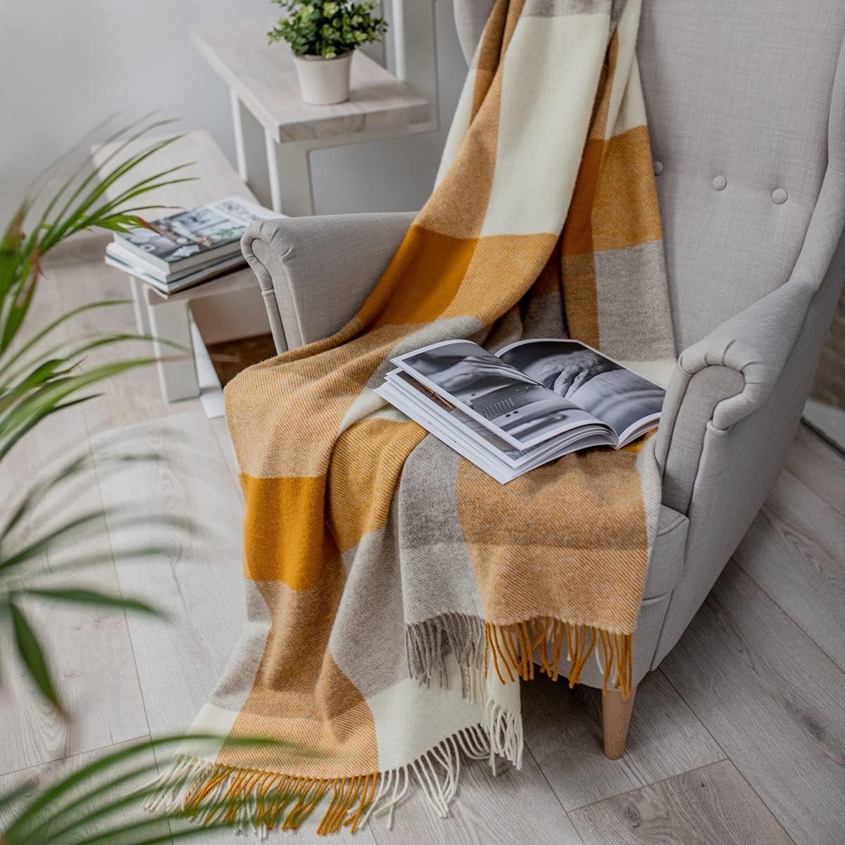 SnelShoppen - Luxe Katoenen en Woldeken 140x200 cm - Beige Mustard Geel Wollen Plaid - Cuddly Throw voor Sofa Bed en Woonkamer