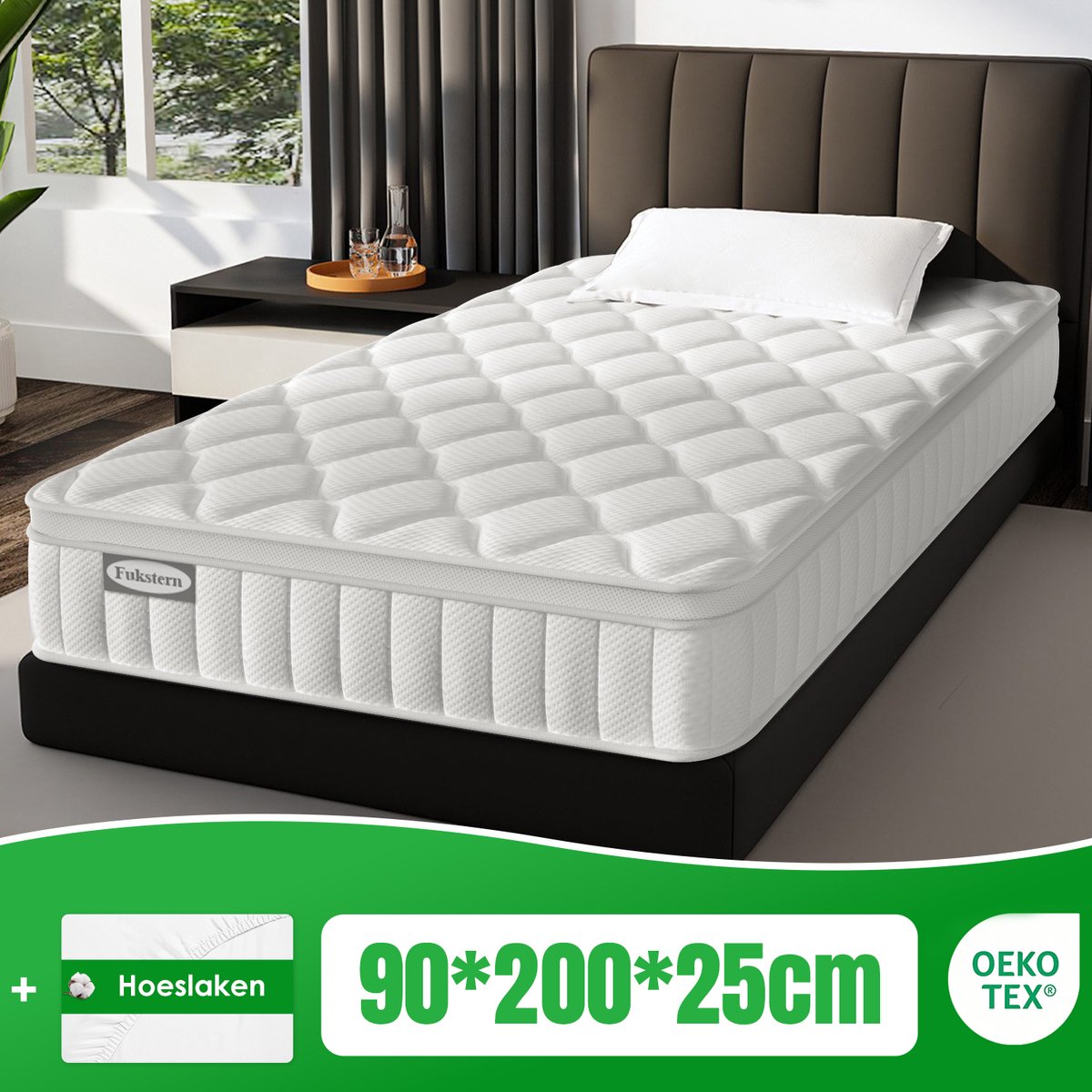 Fukstern Matras 90 x 200 cm - Pocketvering Matras 25cm Dik - 7 zones - OEKO-TEX Gecertificeerd - Anti-Allergische - Orthopedisch Eenpersoonsmatrassen - H3/H4 Medium Hard - 10 Lagen Hoogwaardige Materialen - Voor Kinderen en Volwassenen