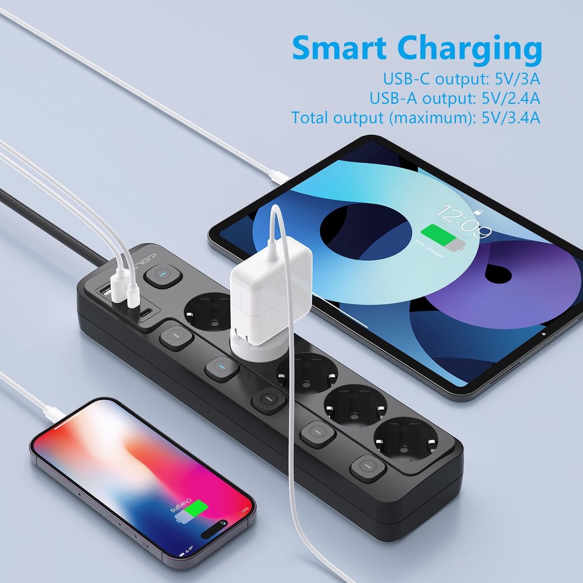 SnelShoppen - Stekkerdoos 5-voudig met 2 USB A, 2 USB C, Meervoudig Stopcontact, Schakelbaar, 3680W, Kinderbeveiliging, 2m Kabel, Zwart