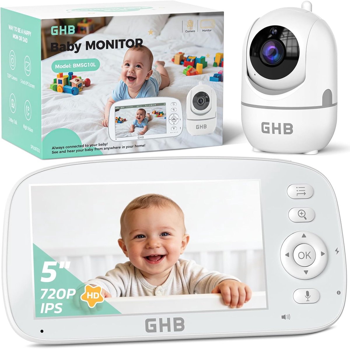 SnelShoppen - Babyfoon met Camera 5 inch, 720p HD, IPS-display, 5000 mAh Accu, 4x Zoom, Pan/Tilt 350°/110°, Nachtzicht, Slaapliedjes, Kinderen