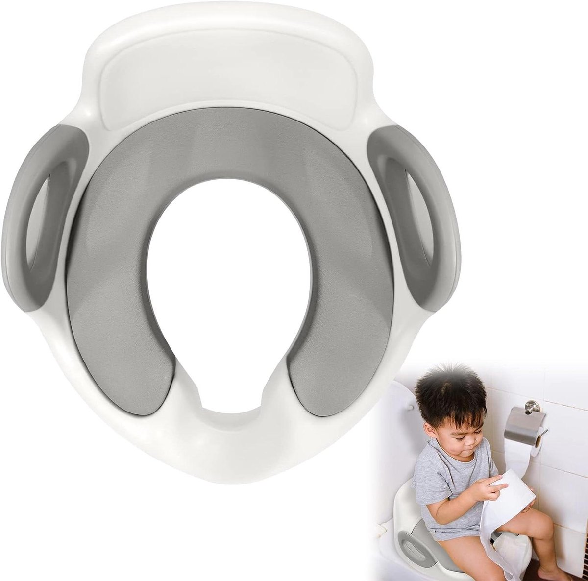 Kinder Toiletbril - Potty Trainer - Zindelijkheidstraining - Met Handgrepen - 37x33 cm - Wit Grijs