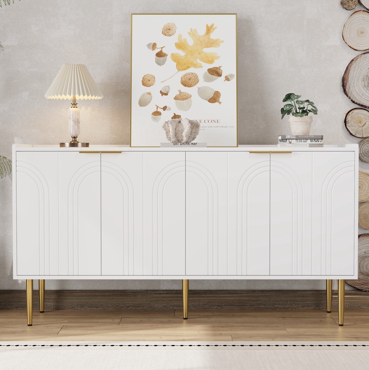 Wishdor - Dressoir - Vierdeurs opbergkast met verstelbare planken en soft-close - modern - woonkamer of hal - houtlook wit met gouden metalen poten - 140 x 38 x 75 cm
