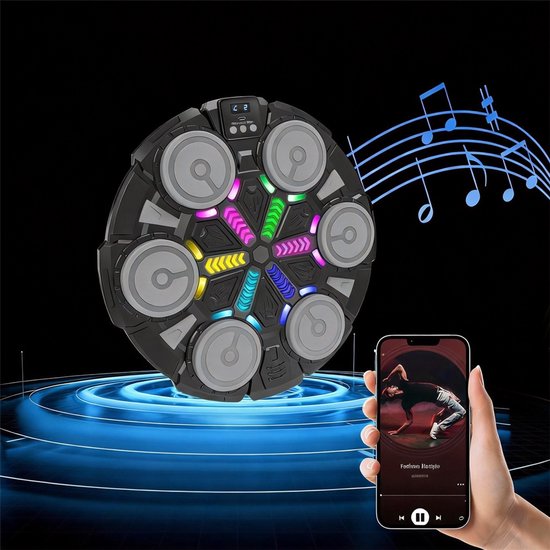 Zwarte boksmachine met veelkleurige LED-verlichting, getoond met muzieknoten en een smartphone.