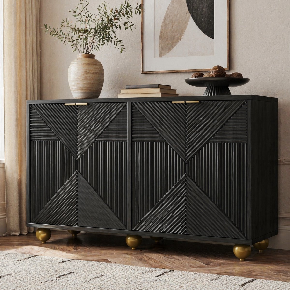 Wishdor - Dressoir - 4 deuren - verstelbare planken en gesloten opbergruimte - retro vintage - woonkamer of eetkamer - houtlook - zwart - 120 x 35 x 71,5 cm
