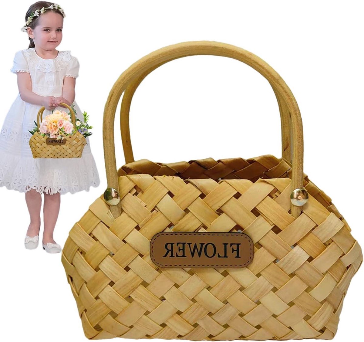 Bloemenmand - Rieten mand - Bruiloft decoratie - Handgeweven design - 18 x 18 cm - Houtkleur