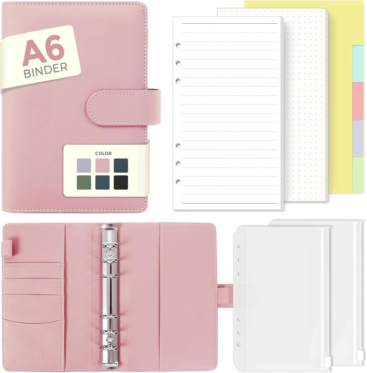 SnelShoppen - A6 Ringbinder, Navulbaar, Gestippeld en Gelijnd, Met Ritszakken en Scheidingsbladen, Budget Binder voor School, Reisdagboek, Kantoor, Ro