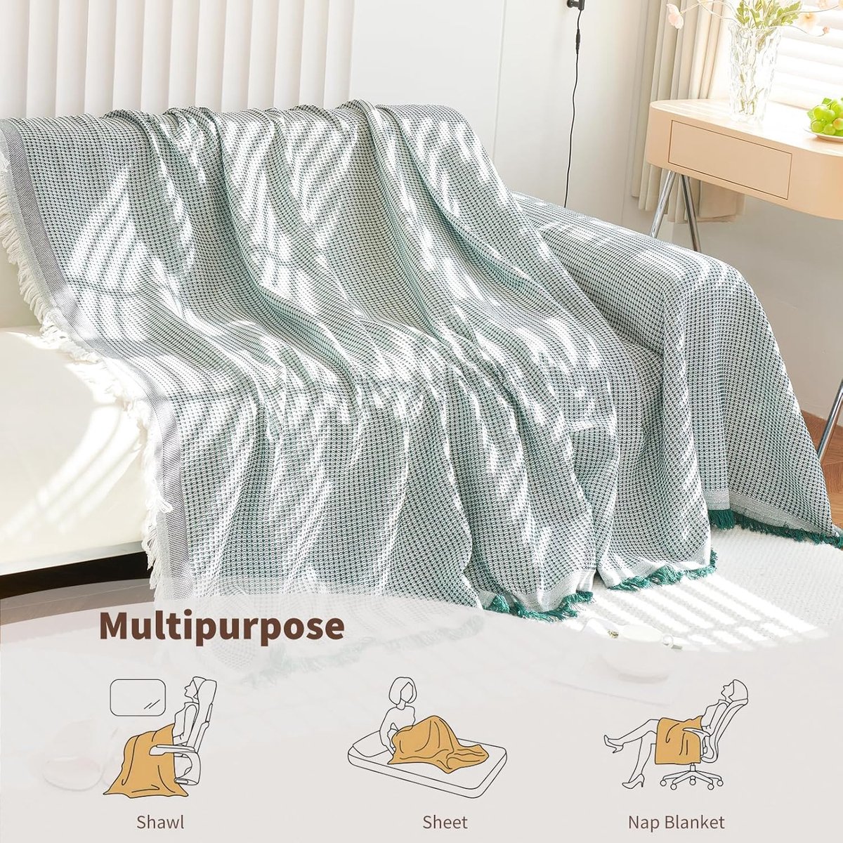SnelShoppen - Reversible Knitted Blanket 180x380cm - Dikke Warmte Sofa Dekentje - Groene Wafel Katoenen Dekens voor Bed en Armchairs - Decoratief en P