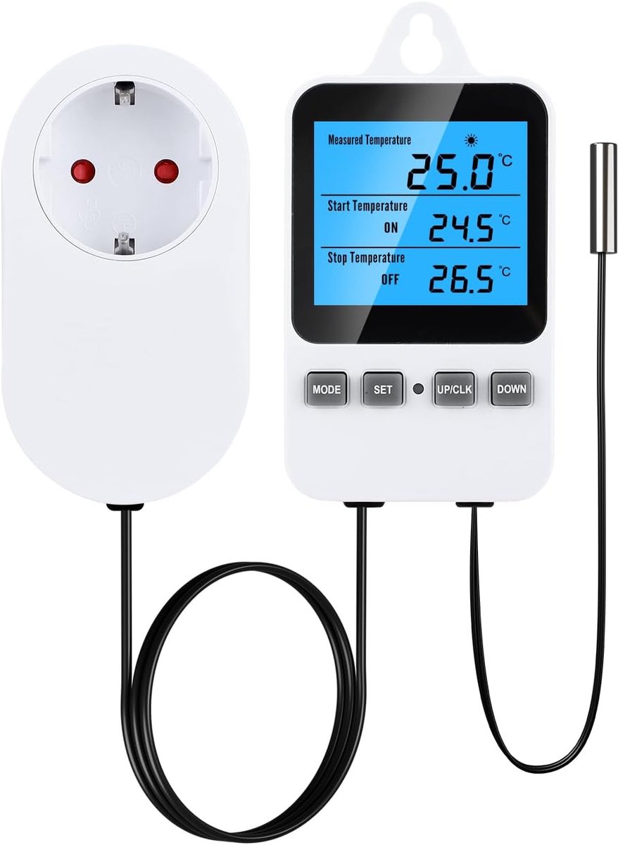 SnelShoppen - Digitale Thermostaat Socket met Probe, LCD Temperatuurcontroller voor Verwarming en Koeling, 2.7m Controle Kabel, Plug-and-Play, Voor Ke