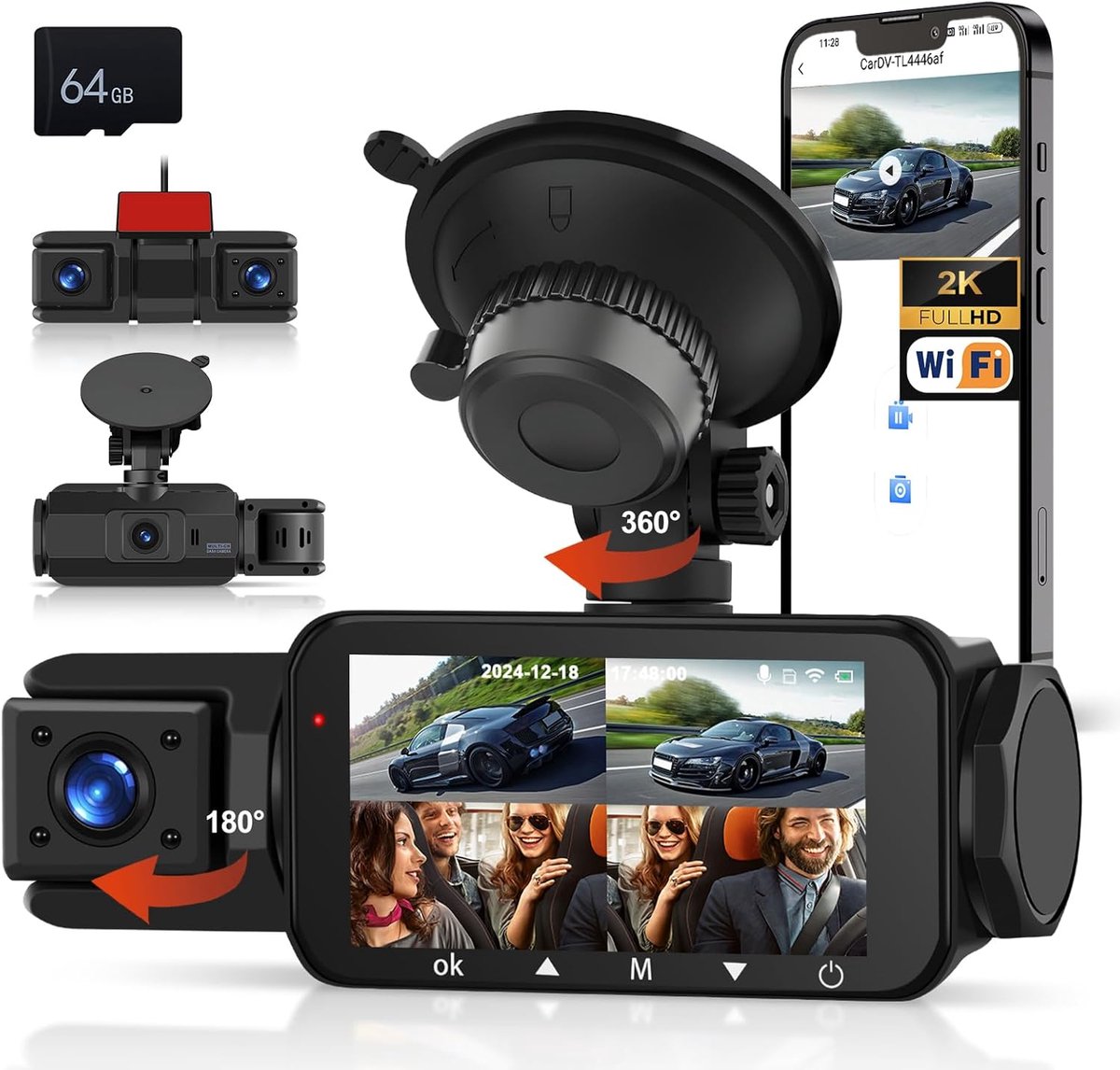 SnelShoppen - 4 Lens 2K/1080P Mini Dash Cam met 3" Scherm, Built-in WiFi GPS, ADAS, Super Nachtzicht, 24 Uur Parkeer Modus + 64GB Geheugenkaart