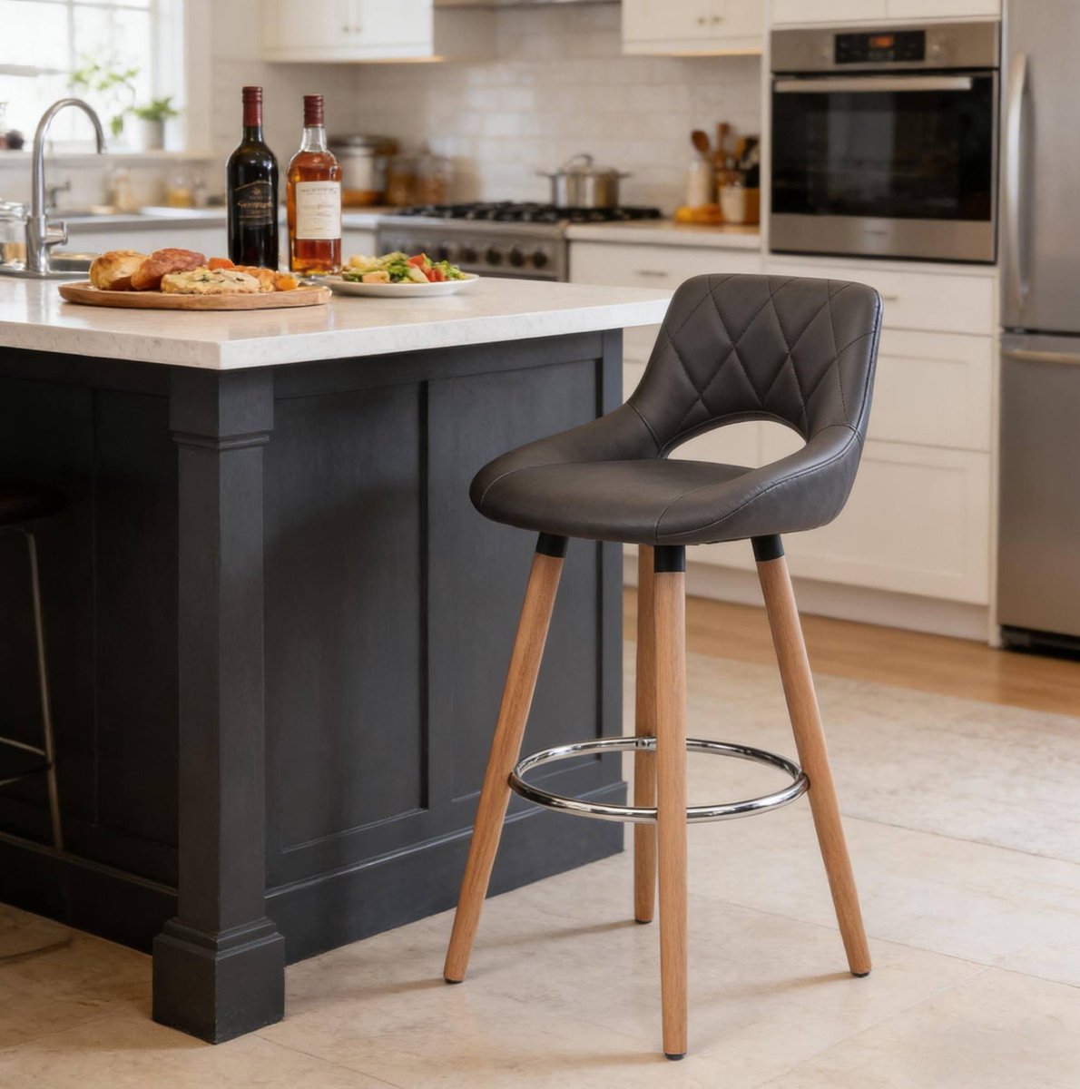 MEUNIQ barkruk met rugleuning en voetsteun 68 cm zithoogte kunstleer houten poten barstoel voor keuken, bar en eethoek grijs