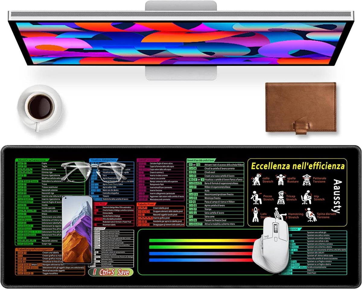 SnelShoppen - XXL Mouse Pad 90x40cm met Excel & Software Sneltoetsen - Professionele Desk Pad - Waterdichte Muismat met Antislip Rubber voor Kantoor e