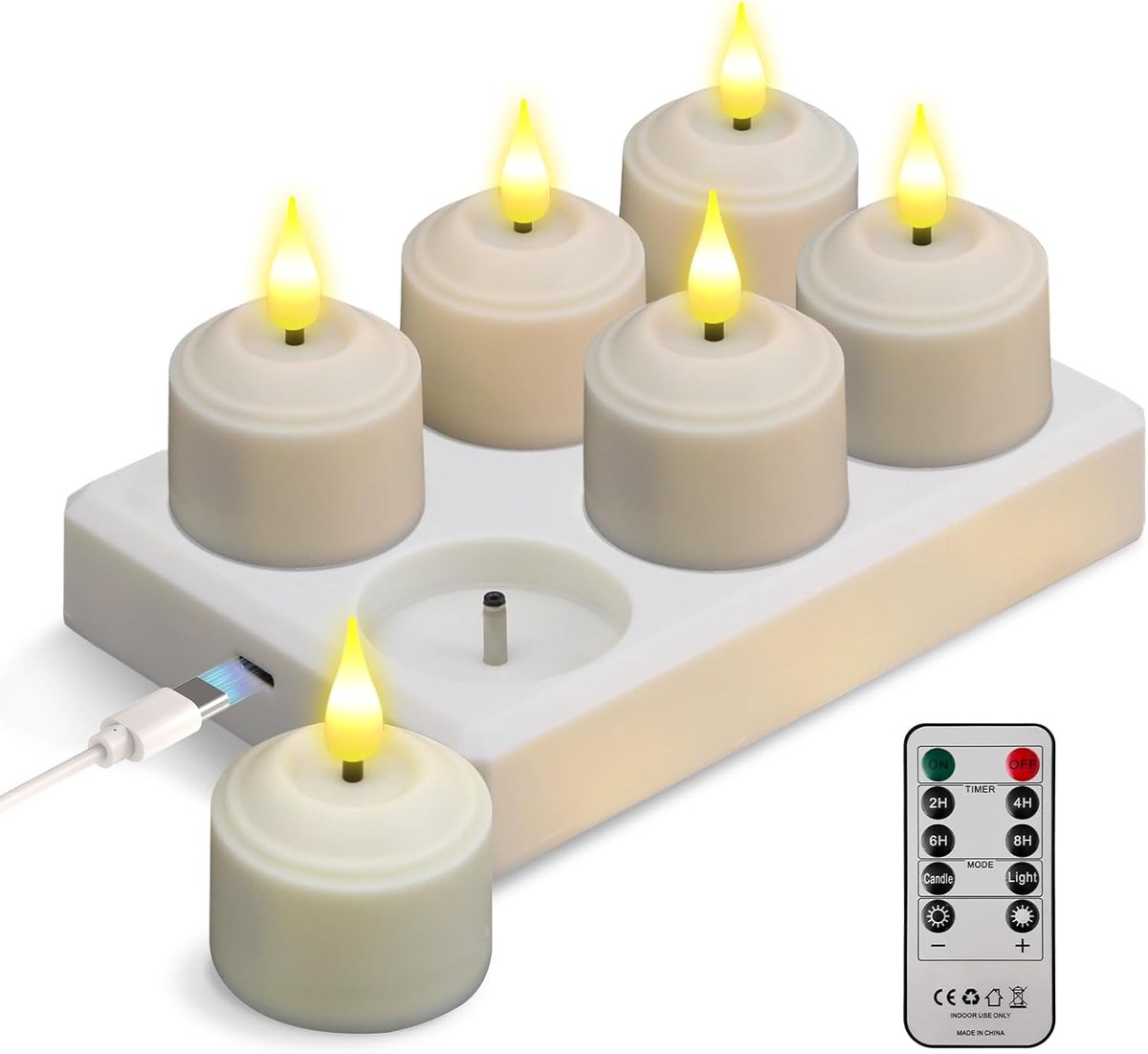 SnelShoppen - ICRGB LED Theelichten Oplaadbaar met Afstandsbediening - Vlakke Kaarsen met Timer en Oplaadstation - Flickering Kaarsen voor Decoratie,