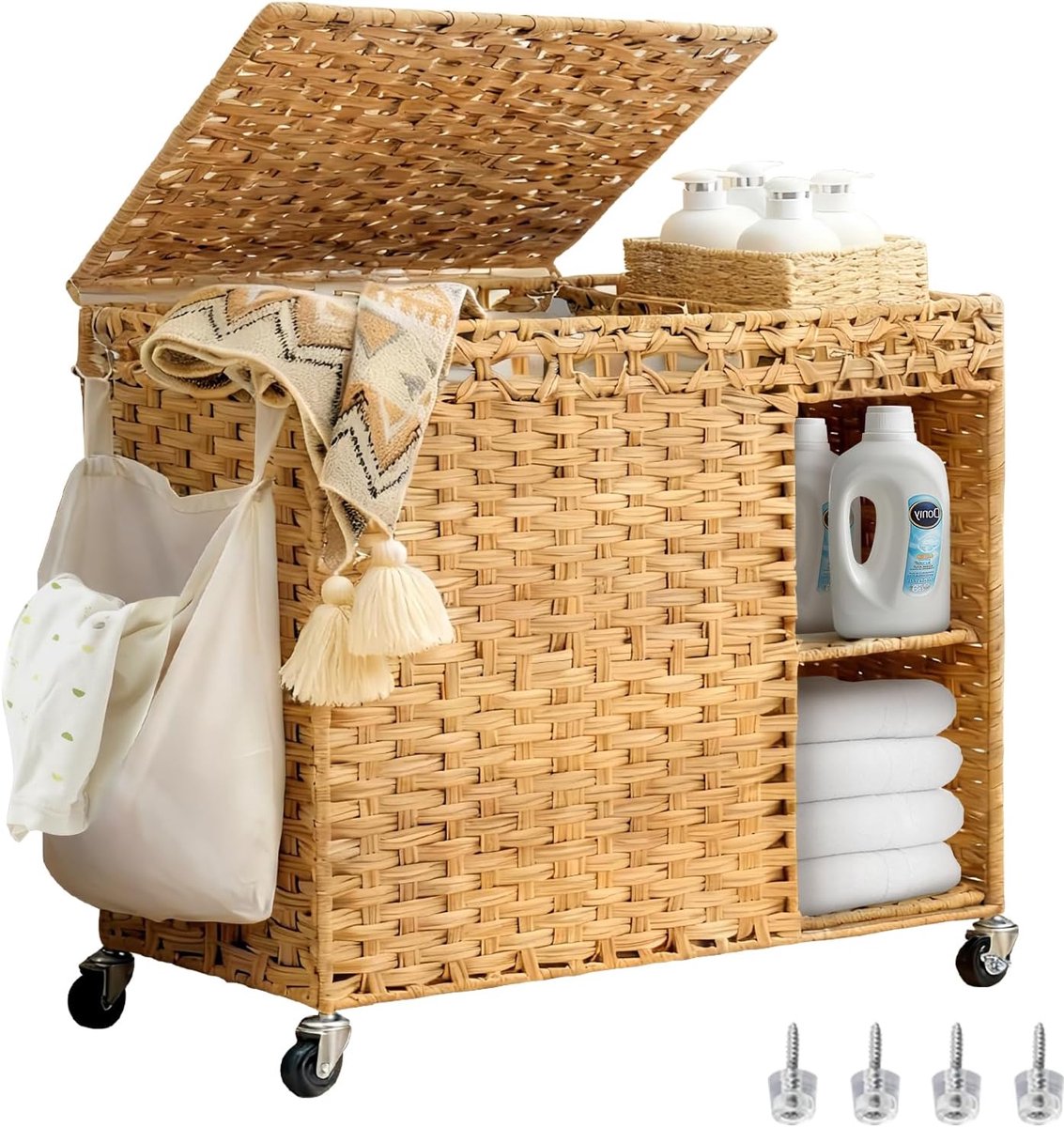 SnelShoppen - Grote Wasmand met Wielen en Plank, 160 L, Handgeweven PE Rattan Waswagen met Deksel, Afneembare Waszak, Waterdicht voor Badkamer, Slaapk