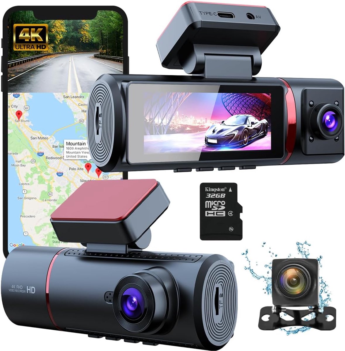 SnelShoppen - 4K Dashcam Auto - 3-in-1 Voor-en Achtercamera - WiFi & GPS - 3.5" Scherm - G-Sensor - Parkeerstand - Loopopname - 170° Breedhoeklens