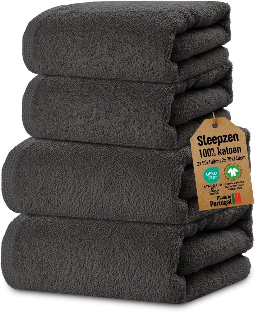 SnelShoppen - Luxe Badhanddoeken Set van 4 - 2x 50x100 + 2x 70x140 cm - Grijs - GOTS Gecertificeerd Organisch Katoen - 500g/m² - Hoog Absorberend - Oe
