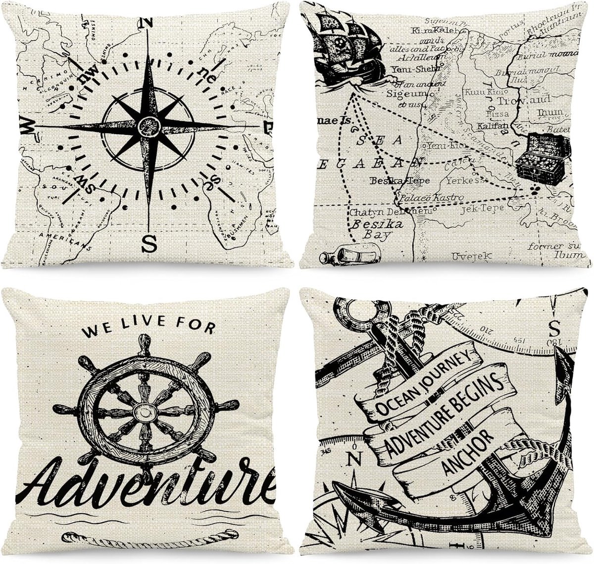 SnelShoppen - Nautical Throw Pillow Cover 18x18 Inch Scheepswiel Print, Maritiem Themapillowcase voor Bank, Cartoon Stijl, Strand Cottage Decoratie