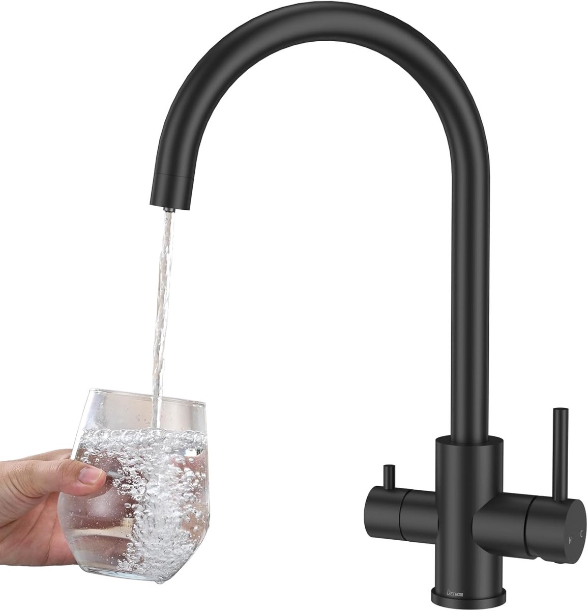 SnelShoppen - 3-Weg Keuken Mengkraan, 360° Draaiend, 3-in-1 Mixer Tap met Twee Levers voor Warm, Koud en Gefilterd Water, RVS, Mat Zwart