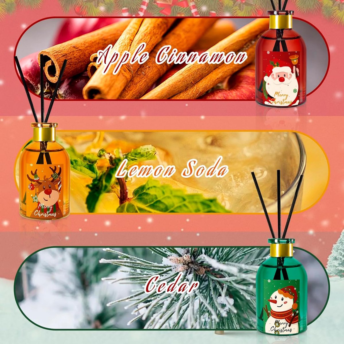 SnelShoppen - Scent Hi Christmas Kamervrucht, 3 * 50ml Aroma Diffuser met 9 Geurstokken, Cedar Wood, Citroen, Appel Kaneel - Kerstcadeau Set voor Thui