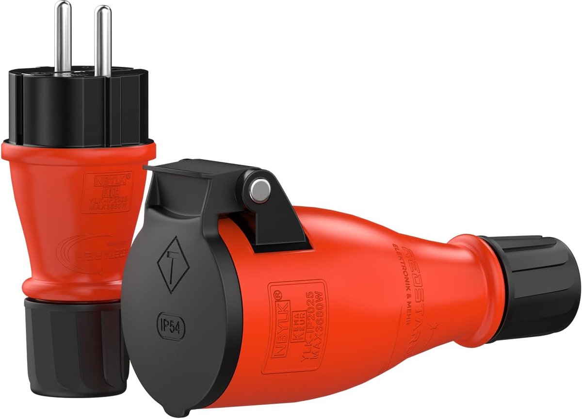 SnelShoppen - Stekker en Contra Stekker Rubber Set IP54 | Geaarde Stekker & Contactkoppeling met Knikbescherming | Buitenruimte, Outdoor, Bouwplaats |