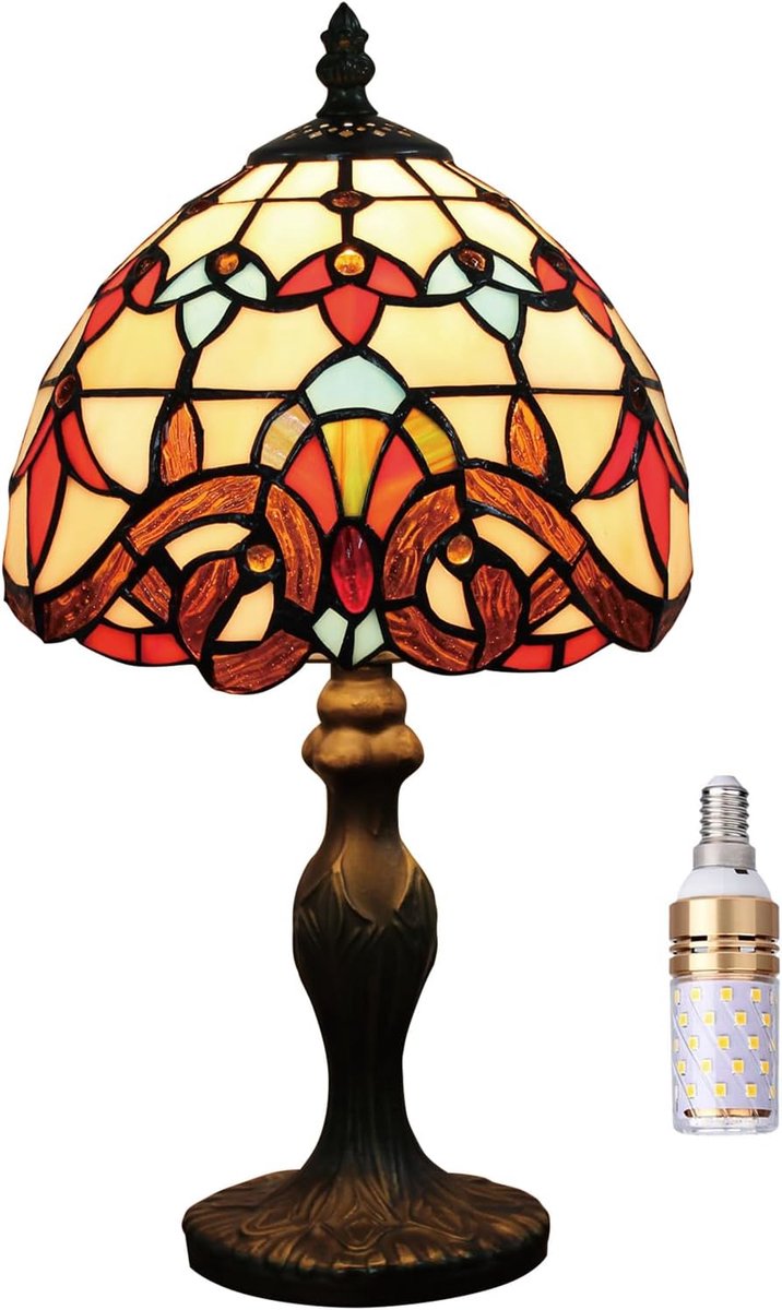SnelShoppen - Tafellamp Tiffany-stijl 8 inch Vintage Glas-in-Lood Lampenkap - Klein Bedlampje voor Slaapkamer en Woonkamer - Retro Art Deco Design - 2