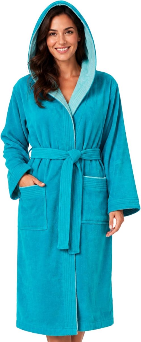 SnelShoppen - Dames Badjas I Katoen I Velours Badstof I Met Capuchon I Lange Badjas voor Thuis, Wellness en Relaxmomenten