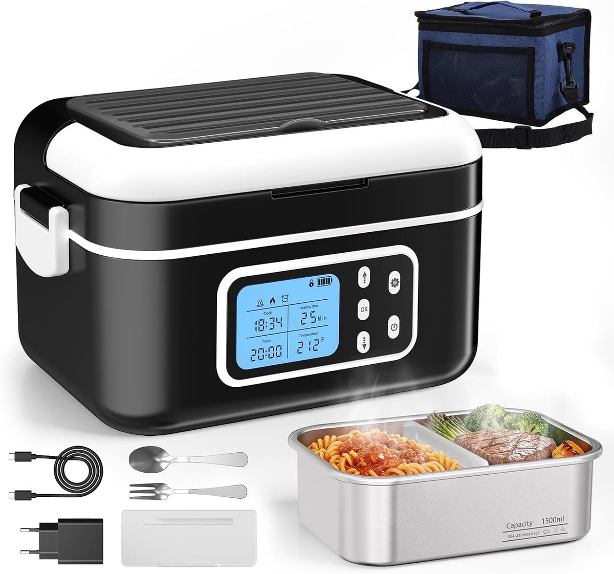SnelShoppen - Draadloze Elektrische Lunchbox 1L met Instelbare Temperatuur en Tijd, LED-Display, Inclusief Lepel, Vork en Koeltas voor Kantoor, Reizen