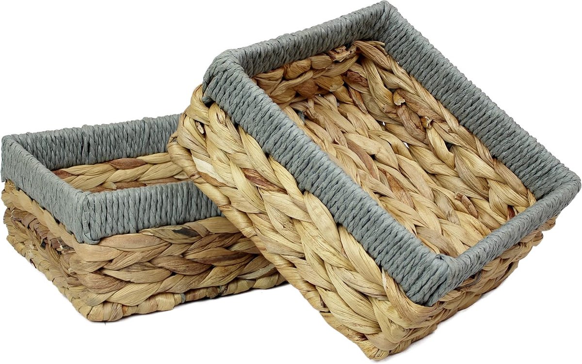 waterhyacint Kleine manden voor opslag Natuurlijke en grijze rieten mand planken open Decoratieve geschenkdoos Kleine badkamer mini-lade make-up badkamer Keukenorganizer (Medium 18cm, 2 x mand)