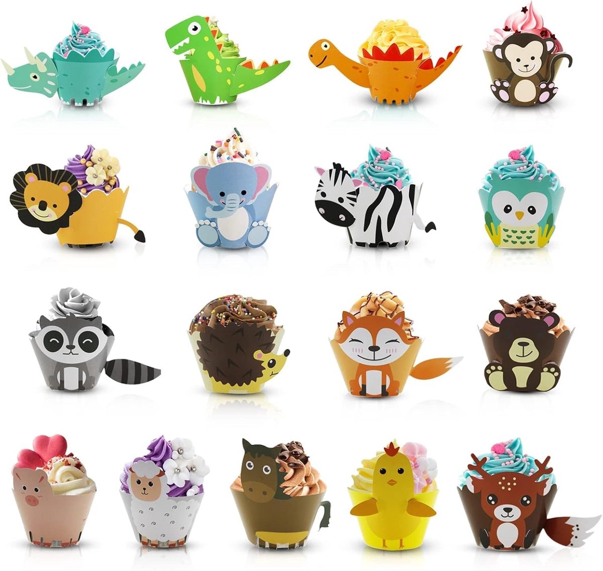 48 stuks dieren-cupcake wrappers, dieren-taartdecoratie, muffinvormpjes, decoratie verpakking voor kinderen, jungle, verjaardag, feest, verjaardag, decoratie (17 modellen)