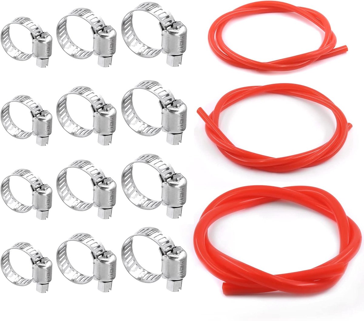 15Pcs 3 Maten OD 10mm 12mm 16mm Rood Hoge Temperatuur Vacuüm Siliconen Buis Slang Lijn Met Roestvrij Verstelbare 8-19mm Bereik Worm Gear Slangklemmen Assortiment Kit voor Sanitair, Automotive