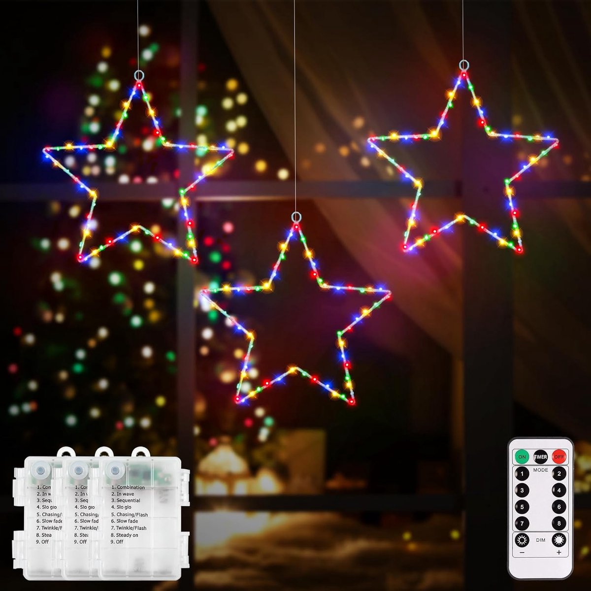 3 stuks led-sterren, kerstverlichting, raam, 180 leds, sterren, raamverlichting, werkt op batterijen, met 8 modi, timer, raam, sterren, lichtketting voor Kerstmis, bruiloft, decoratie
