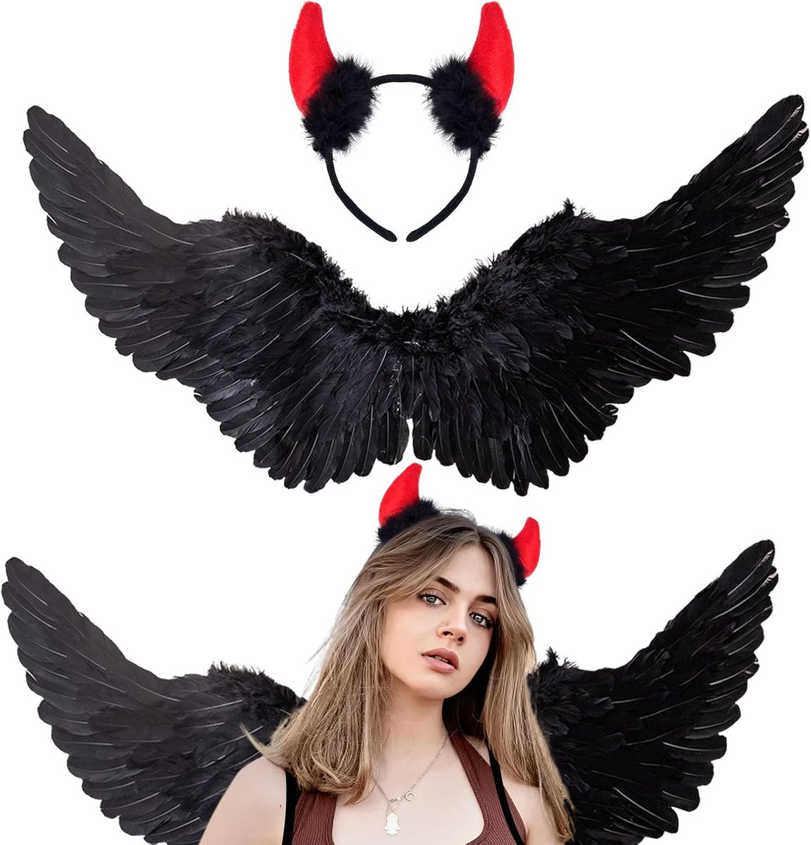 75CM Zwarte engelenvleugels met duivel hoornset, duivelskostuum dames engel kostuum accessoires engel duivel vleugels volwassenen voor Halloween carnaval Cosplay Party Fasching vermomming