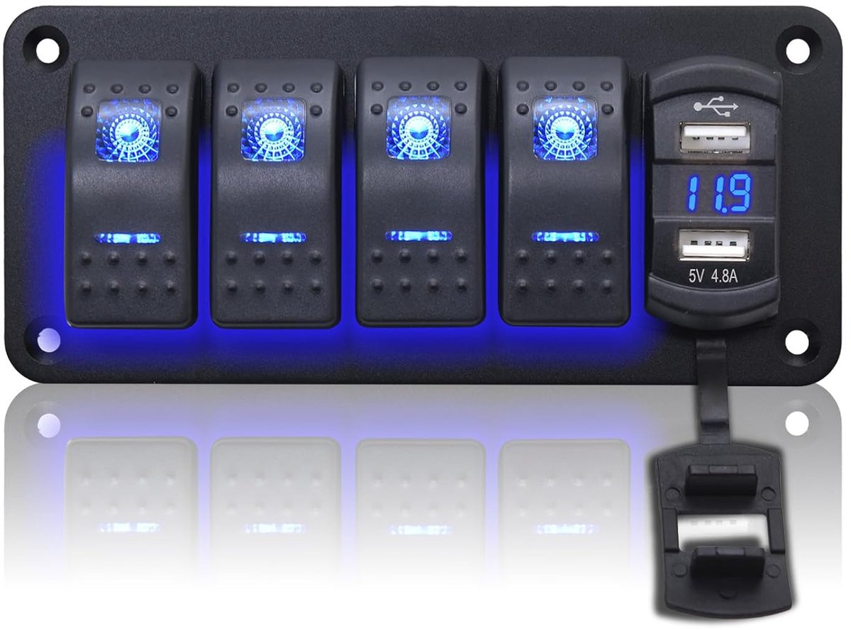 Waterdicht 4-snelheids-schakelpaneel 12V/24V met 4,8 A Dual USB en voltmeter voor auto, boot, vrachtwagen en motorhome
