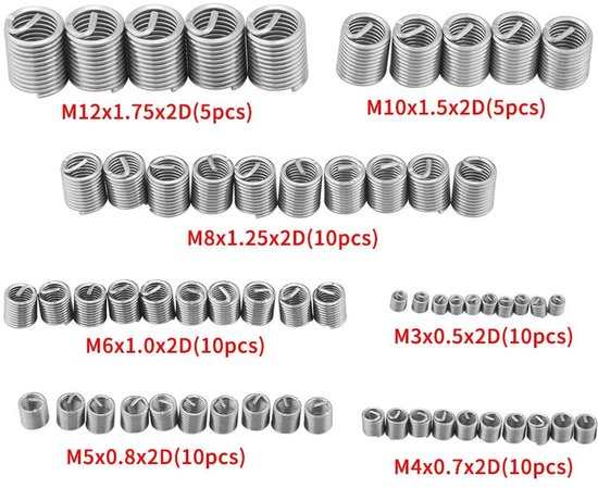 60 stks Roestvrij Staaldraad Reparatieset M3 M4 M5 M6 M8 M10 M12 Stalen Schede Rolde Draad Type Reparatie Schroef Insert Assortiment Kit — afbeelding 3